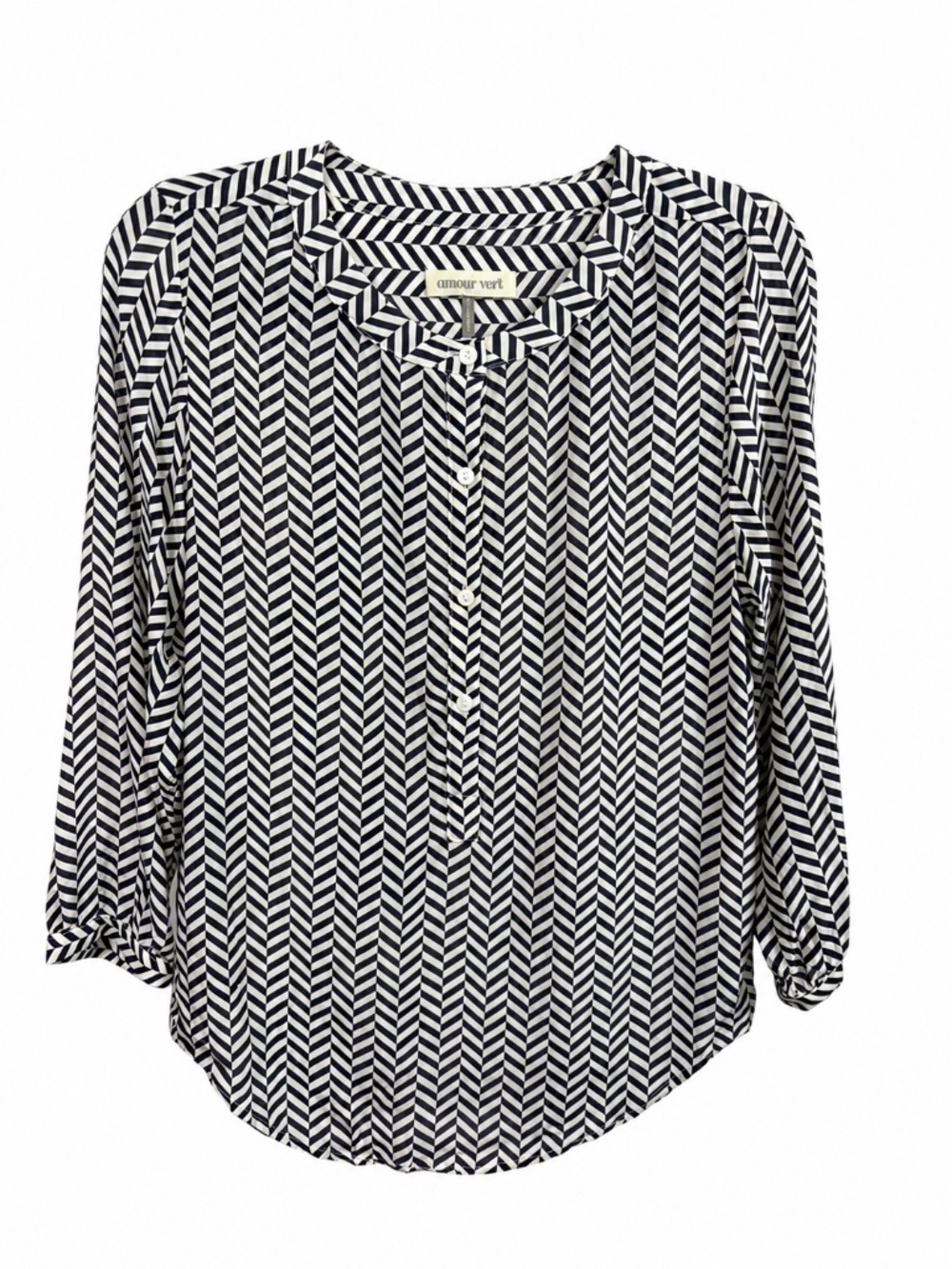 Amour Vert – Navy & Ivory 100% Silk Chevron Blouse – Size S